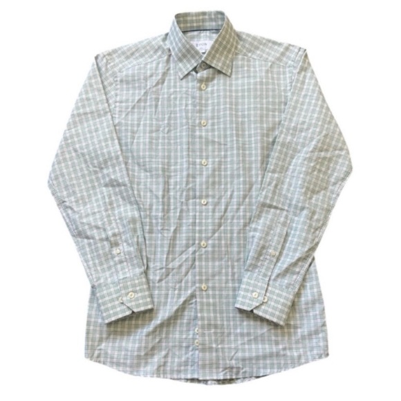 Eton Mens Button Up Gingham Shirt Green White Small - Picture 1 of 6